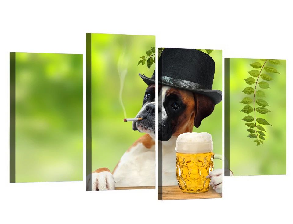 

OKHOTCN 4 Panel Canvas Art Canvas Painting Funny Dog Smoking Drinking HD Printed Wall Poster Home Decor Picture for Living Room