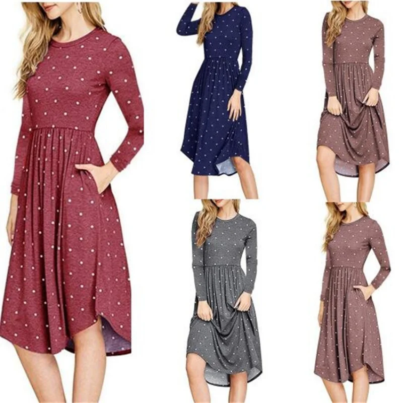 

Hot Sale Autumn Women Long Sleeve with Pocket O-neck Elegrant Pleated Polka Dot Swing Casual Midi Dress Fashion Vestido