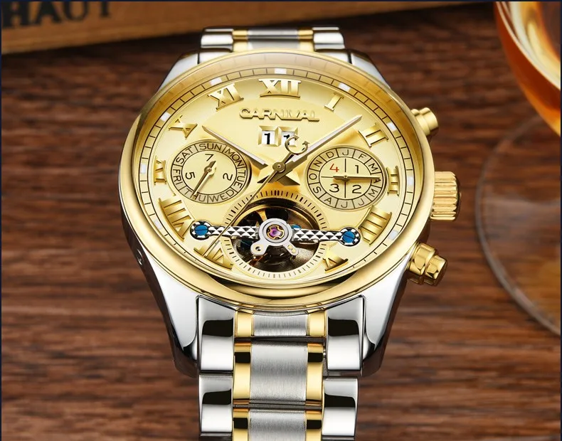 Роскошные карнавальные tourbillon часы мужчин серебро Нержавеющая сталь Водонепроницаемый автомат Дата наручные часы Relógio мужской