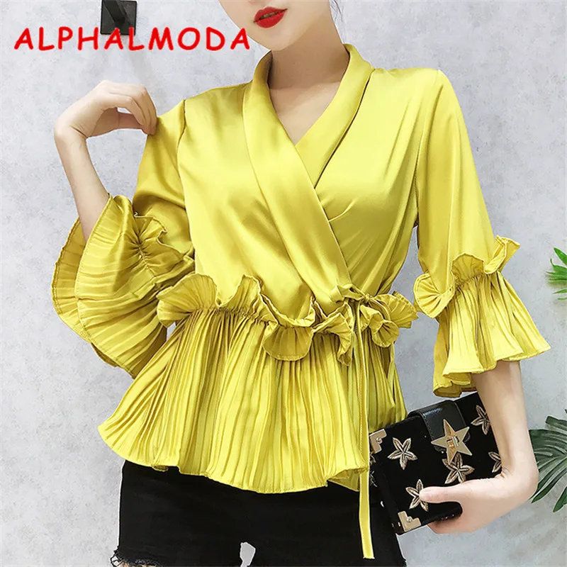 Женская атласная рубашка ALPHALMODA винтажная блузка с расклешенными рукавами