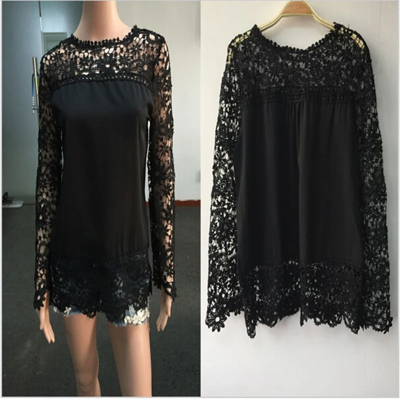 2016 Новый Женский Белый Вязание Крючком Кружева Рубашки Женщины Цветочные С