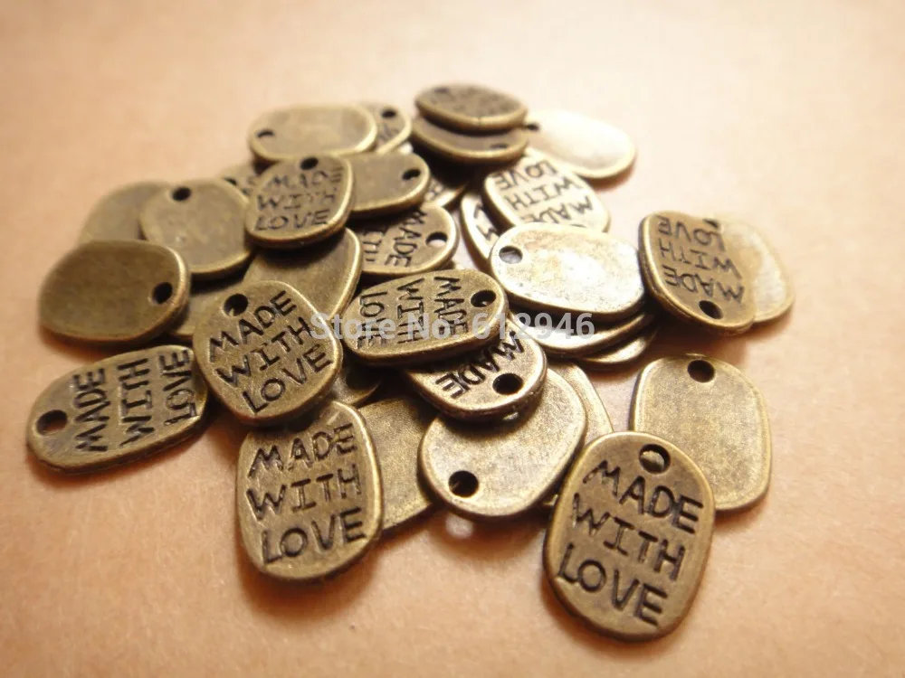 100 pcs Antique Bronze Metal Alloy &quotMade With Love&quot Word Bracelet Charm and Pendant Jewelry Findings 11x8mm A133 | Украшения и