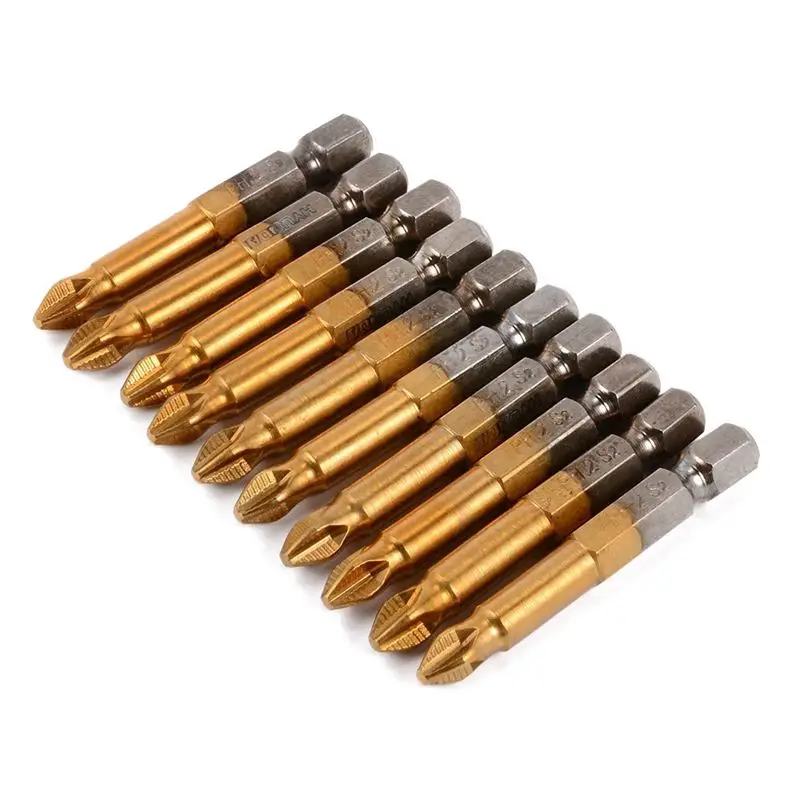 Gold gray 10 шт. 50 мм PH2 1/4 дюйма шестигранный хвостовик Магнитная Крестовая головка отвертка биты с титановым покрытием S2 сталь электроинструменты, Золотой Серый - Цвет: Gold gray