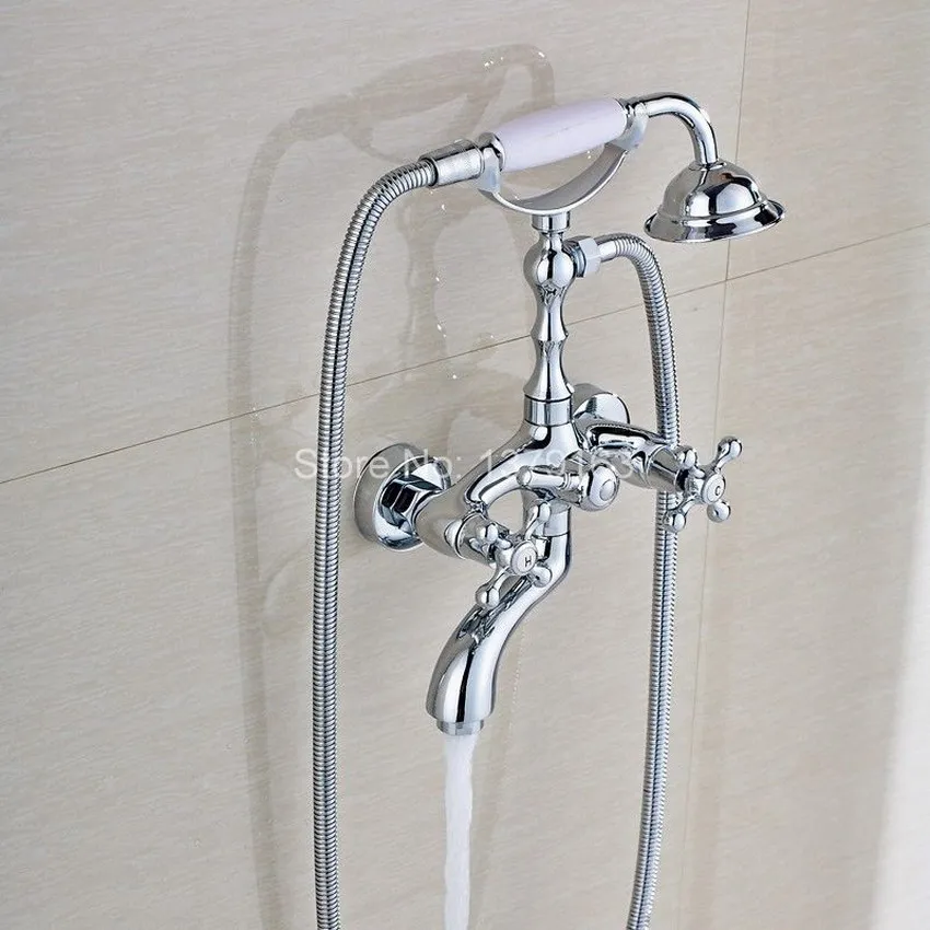 

Chrome Brass Two Cross Handles Wall Mounted Clawfoot Bath Tub Faucet Mixer Tap Telephone Style Hand Held Shower Head Set atf931