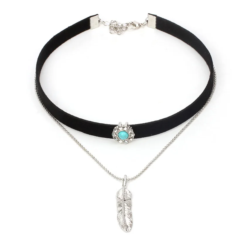 Бохо черный бархат Чокер Ожерелье Золотая цепочка камень чокер в виде листика