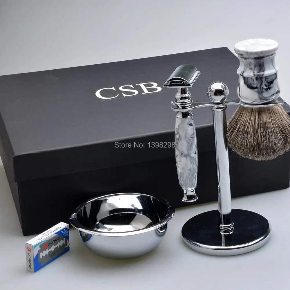 CSB мраморная ручка Для мужчин набор для бритья чистый кисточка для бритья из барсучьего волоса DE бритва с двойным лезвием лезвия Парикмахерская чаша для крема для бритья подарочная коробка