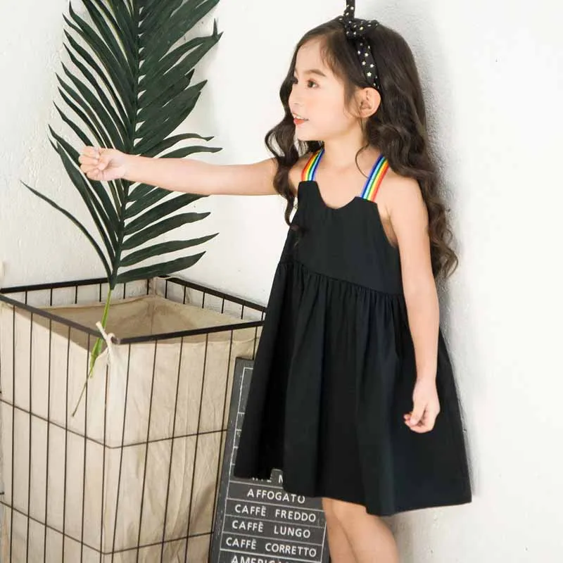 Детская Костюмы Летнее платье для девочек Радуга ремень просто черный Хлопковое