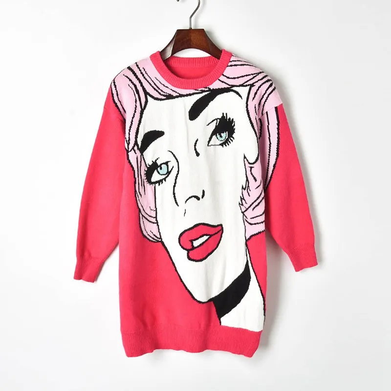 2019 Spring Oversized Sweaters Fashion Hit Color Abstract Beauty Avatar Pattern Jacquard Loose Long New Women Pullovers | Женская одежда