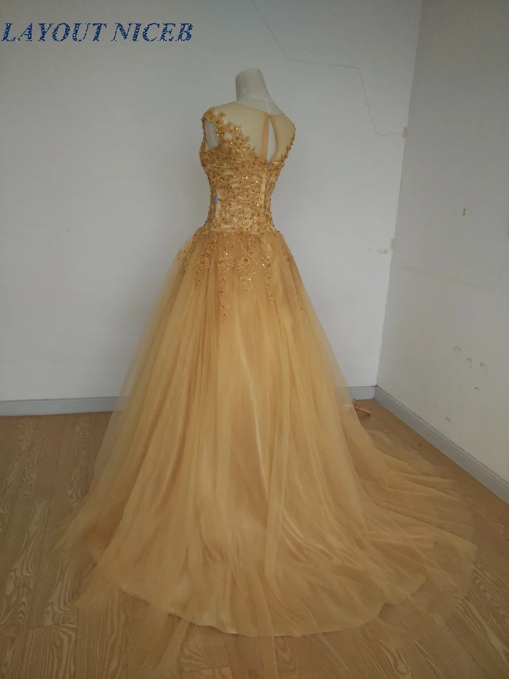 2017 Золотое кружевное вечернее платье с рукавами-крылышками аппликацией бальное