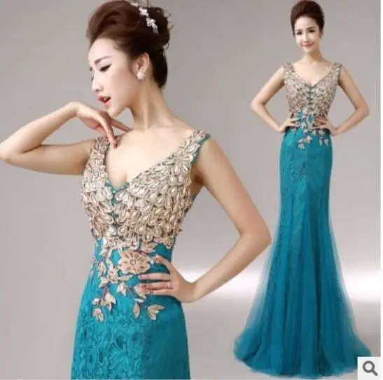 Vestido madrinha Кружева V шеи Вышивка sexy Русалка Бирюзовый Королевский синий цвет персик бордовые платья для подружки невесты длинные - Цвет: Peacock blue