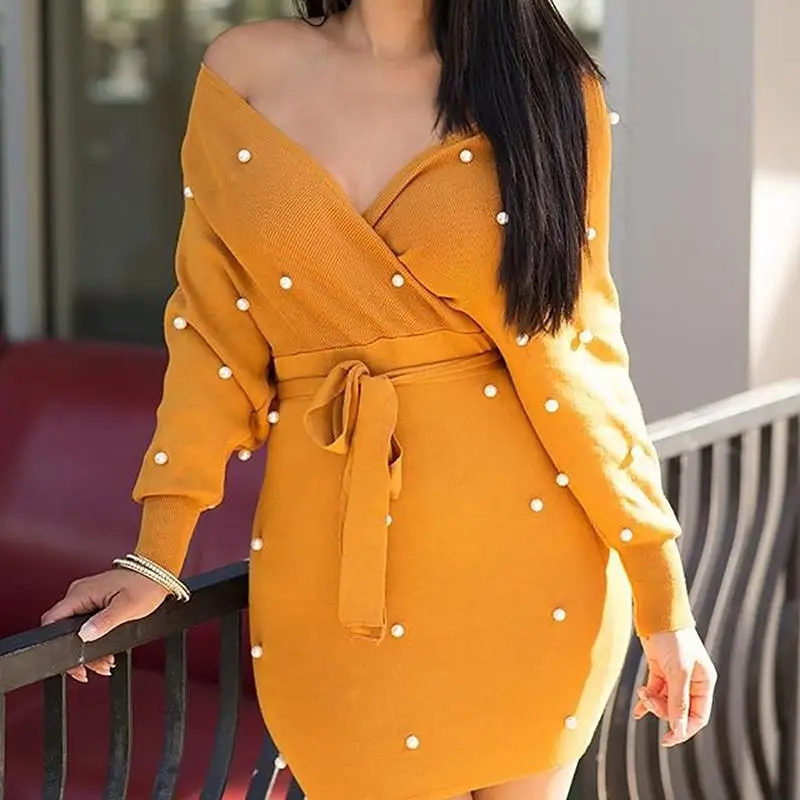 Женское платье с поясом украшенное бисером открытыми плечами Модное Элегантное