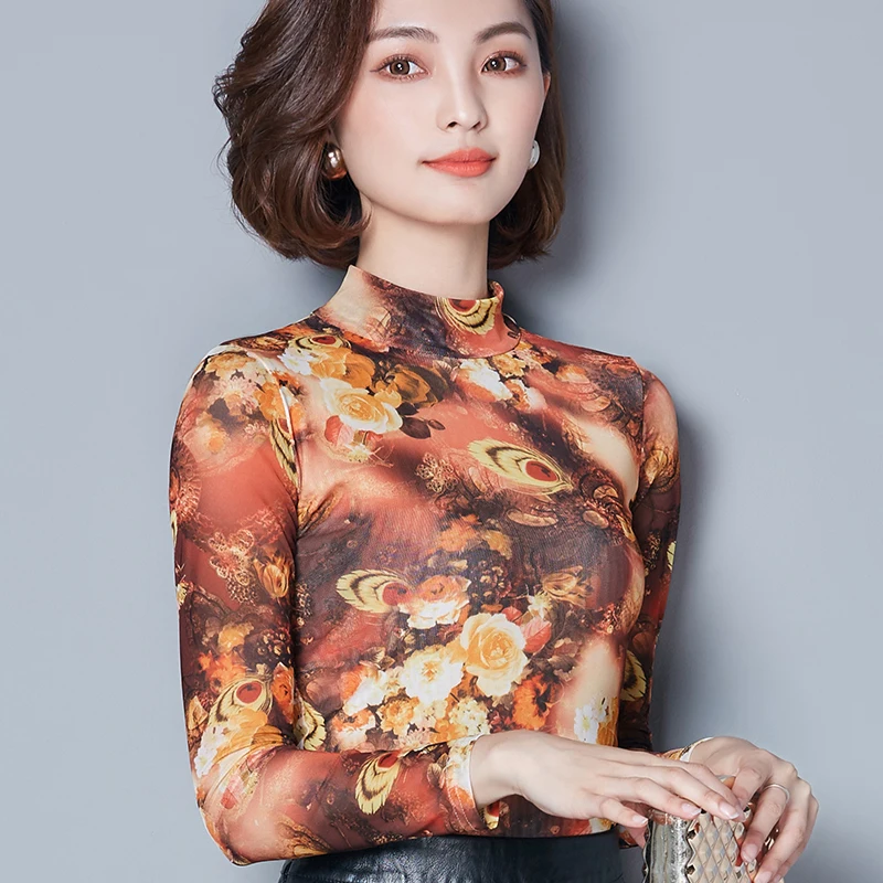 2017 Осенняя модная Женская водолазка рубашка винтажная Цветочная блузка с