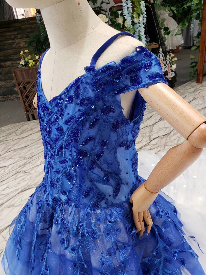 Синее Пышное Платье для девочек с открытыми плечами и аппликацией из бисера