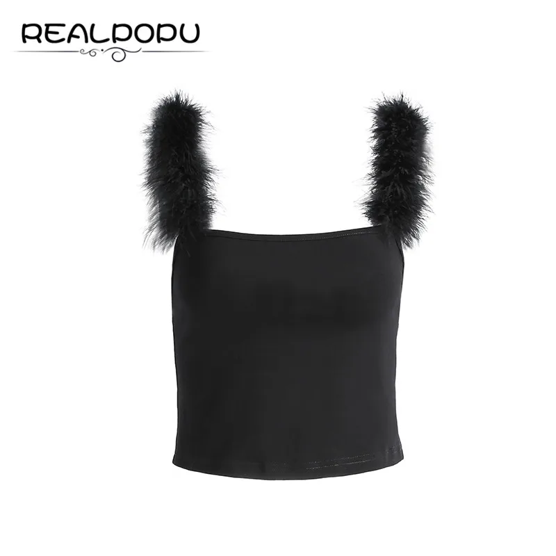 Realpopu, пушистые бретельки, с вырезом лодочкой, Топики, без рукавов, спагетти, топы, сексуальные, обтягивающие, тонкие, черные, хлопковые, модная офисная одежда для женщин - Цвет: Черный
