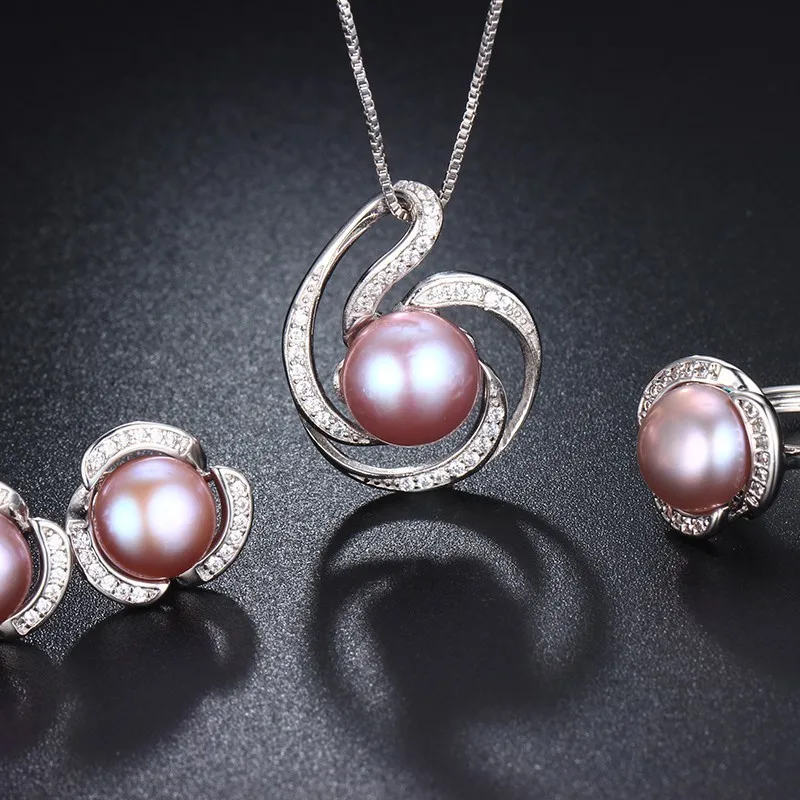 HENGSHENG Genuine Natural Pearl Women Jwelery Set Necklaces&Pendants&Earrings&Ring Big Bread Round with Zircon Flower| |