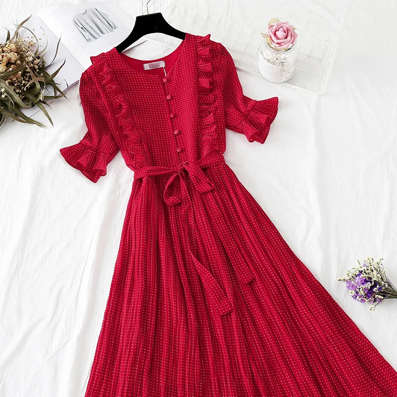 Summer Women Long Chiffon Dress 2019 New Polka Dot Pleated V neck Boho Beach Elegant Party Girls Sundress Vestidos | Женская одежда