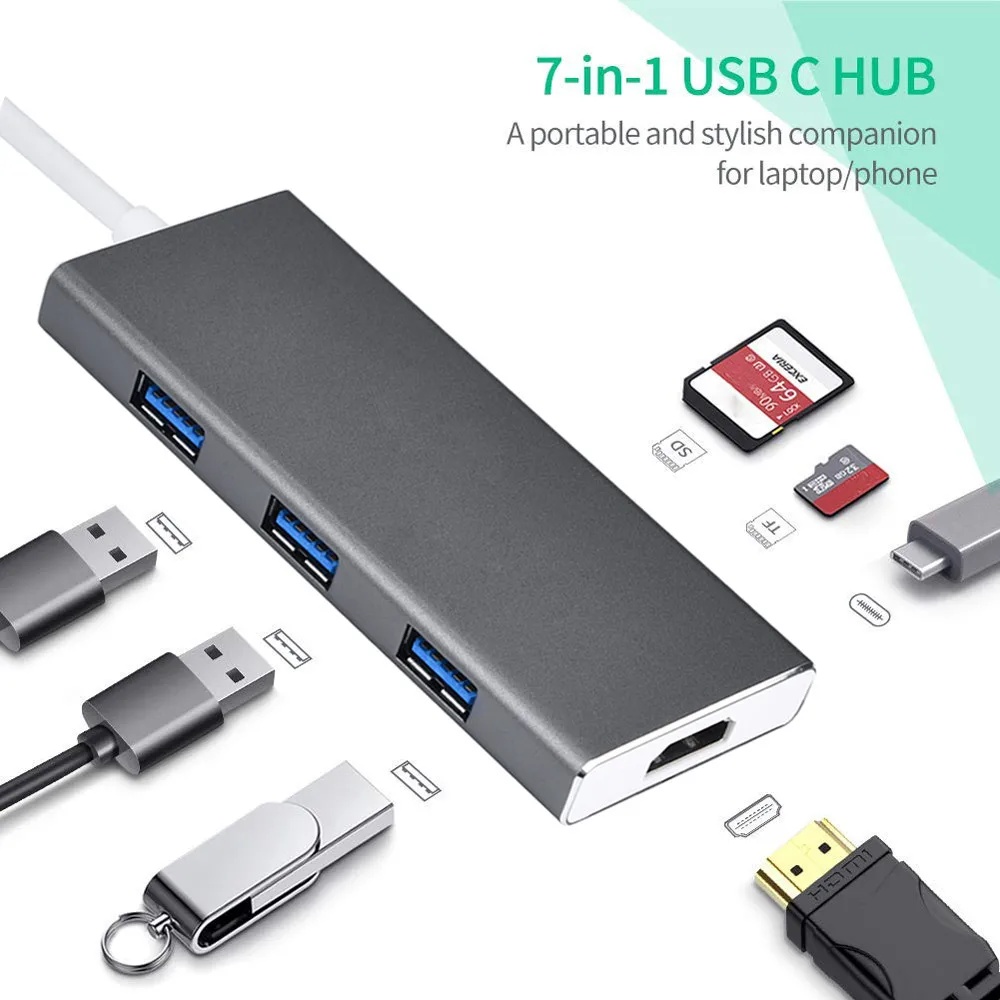 USB C концентратор Type адаптер 7 в 1 док станция с 4K HDMI выходом PD Зарядка 3 порта 0 для