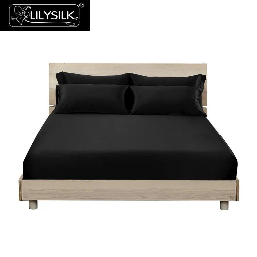 Black Lilysilk 3 шт. шелк Постельное белье шелковицы Бесшовные шелк установлены Простыни шелк Немногословная наволочки 19momme - Цвет: Black