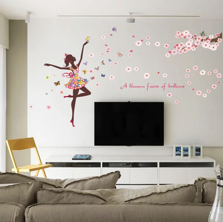 Romantic flower fairy beautiful girl large wall stickers home decor living room girls rooms removable art wallpaper | Дом и сад