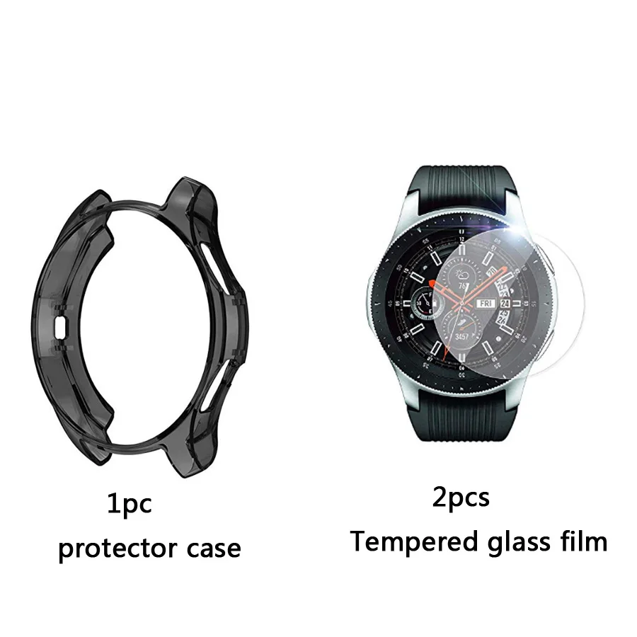 Black case 4в1 силиконовый ремешок для часов+ защитный чехол+ Закаленное стекло пленка для samsung galaxy Watch 42 46 мм ремешок для часов защитный чехол стеклянная пленка - Цвет: Black case