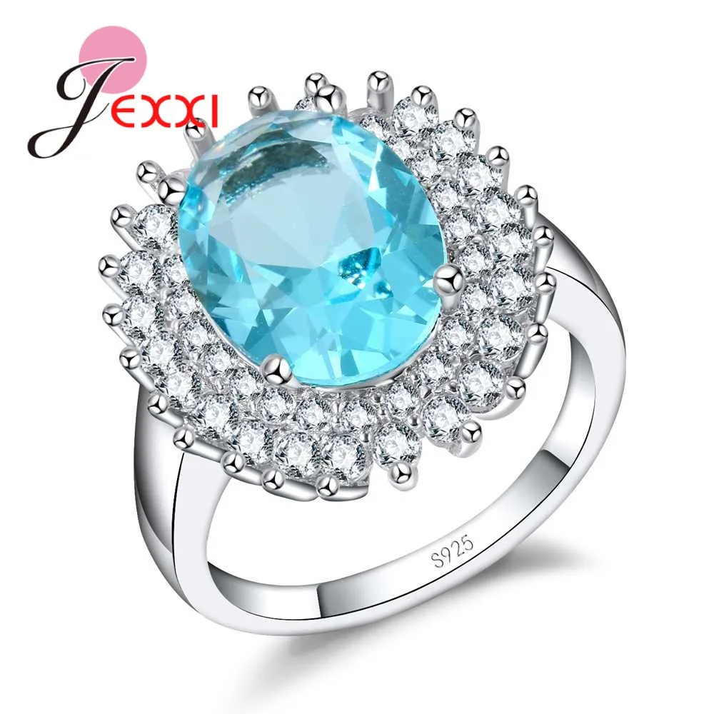 

Big Dazzling Blue Crystal Flower Ring Cubic Zircon Material Pure 925 Sterling Silver Needle Jewelry Women Trendy Wedding Bijoux