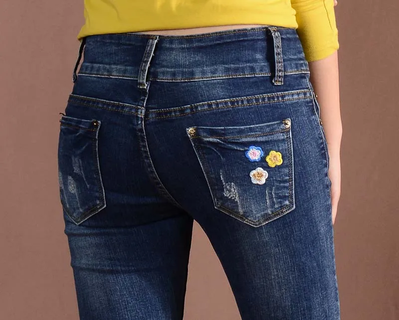 Плюс Размеры Для женщин с цветочной вышивкой зауженные джинсы весна лето дамы