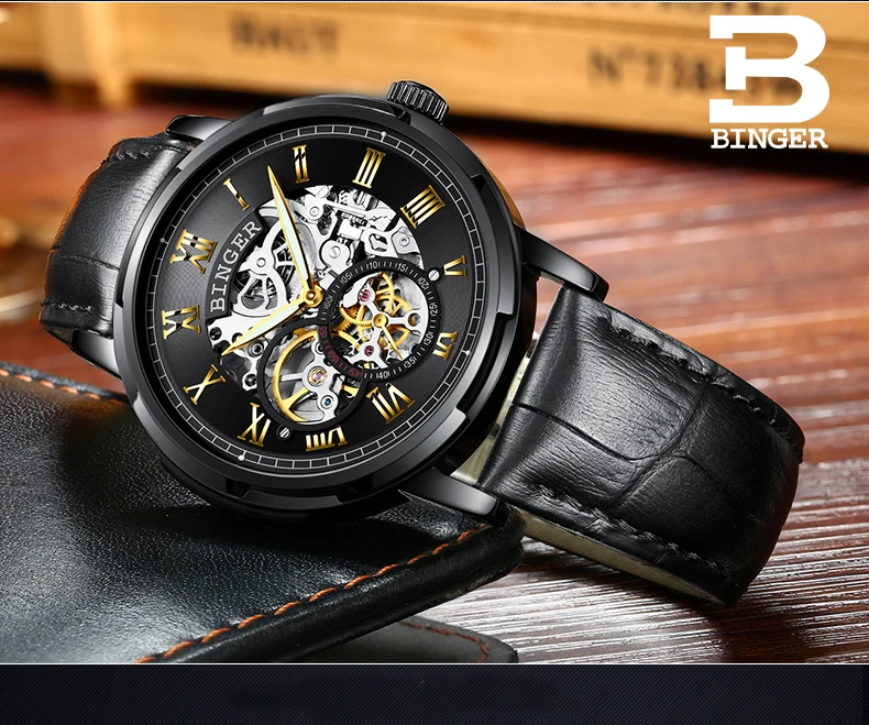 leather gold black BINGER Топ часы для мужчин люксовый бренд s сапфир часы Скелет турбийон автоматические механические часы reloj hombre - Цвет: leather gold black