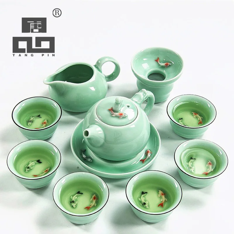 Чайный набор TANGPIN longquan celadon с рыбками, керамический чайник, керамическая чайная чашка, китайский чайный набор кунг-фу, посуда для напитков