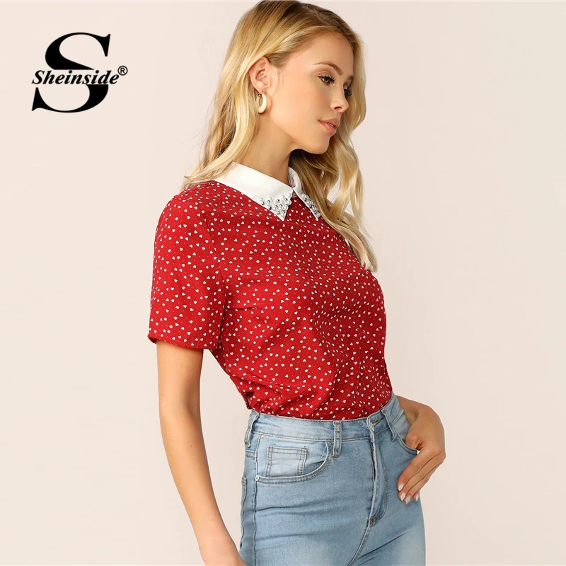 Sheinside Повседневная Красная футболка с принтом сердца для женщин летняя футболка с контрастным воротником и жемчугом из бисера женская элегантная топ с коротким рукавом