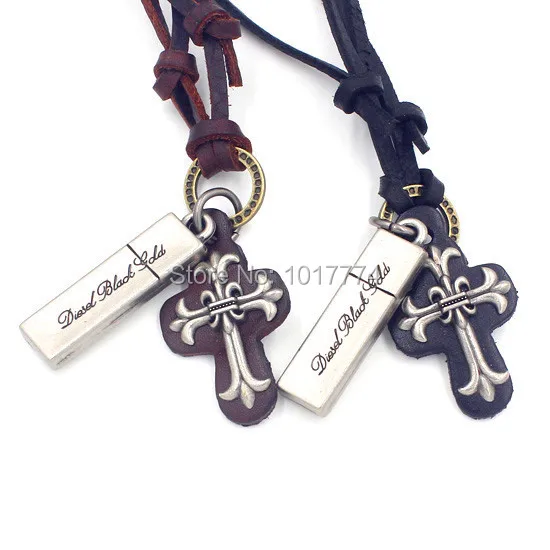 Lucky Cross Adjustable Leather Necklace Metal Pendant Charms Male Punk Rock Hiphop Decorations Amulet Fashion Jewelry 10Pcs | Украшения и