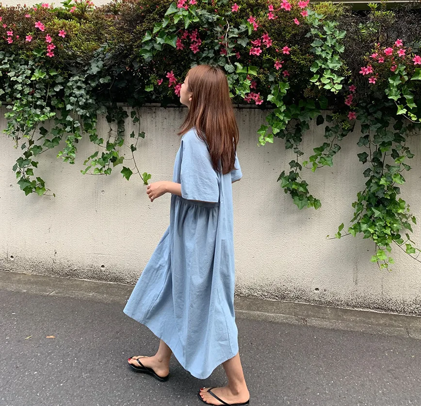 EWQ 2019 новое летнее поступление круглый воротник Vestidos короткий рукав свободный