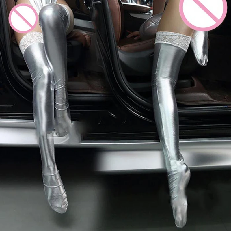 Черные/красные/Серебристые глянцевые пикантные женские черные чулки с