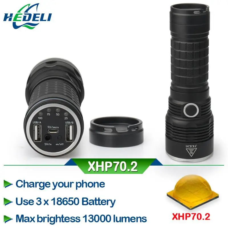 Usb power bank charge torch самый мощный военный фонарик XHP70 дальний охотничий 18650