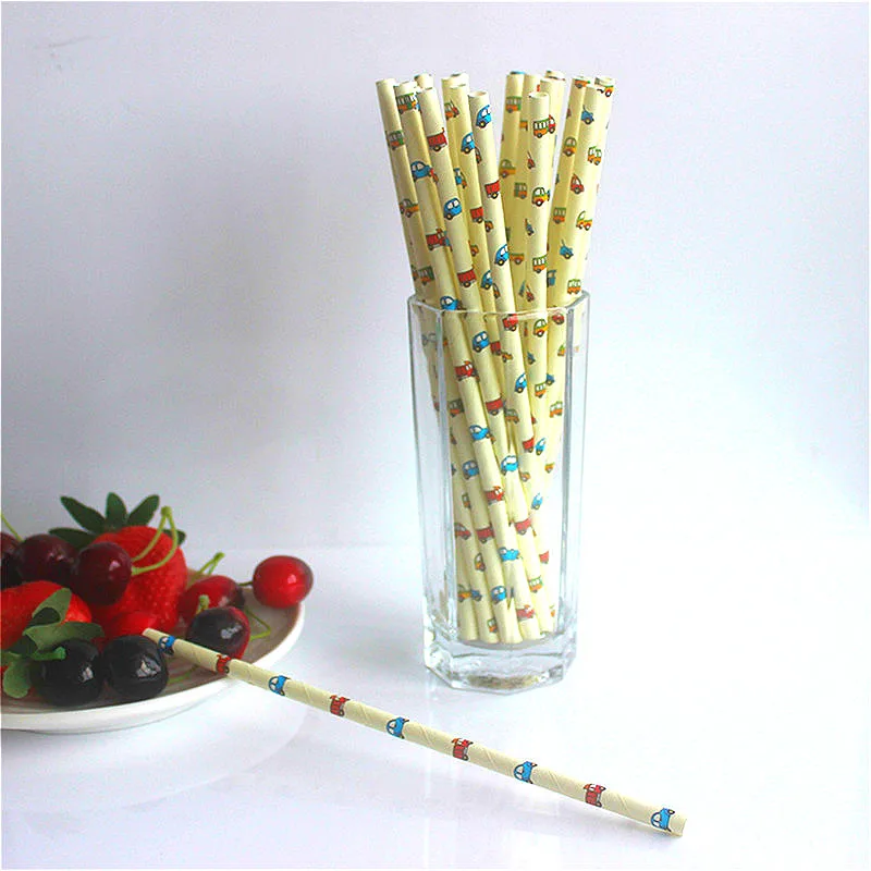 25 шт. милые Мультяшные автомобильные Полосатые Соломенные Бумажные трубочки для