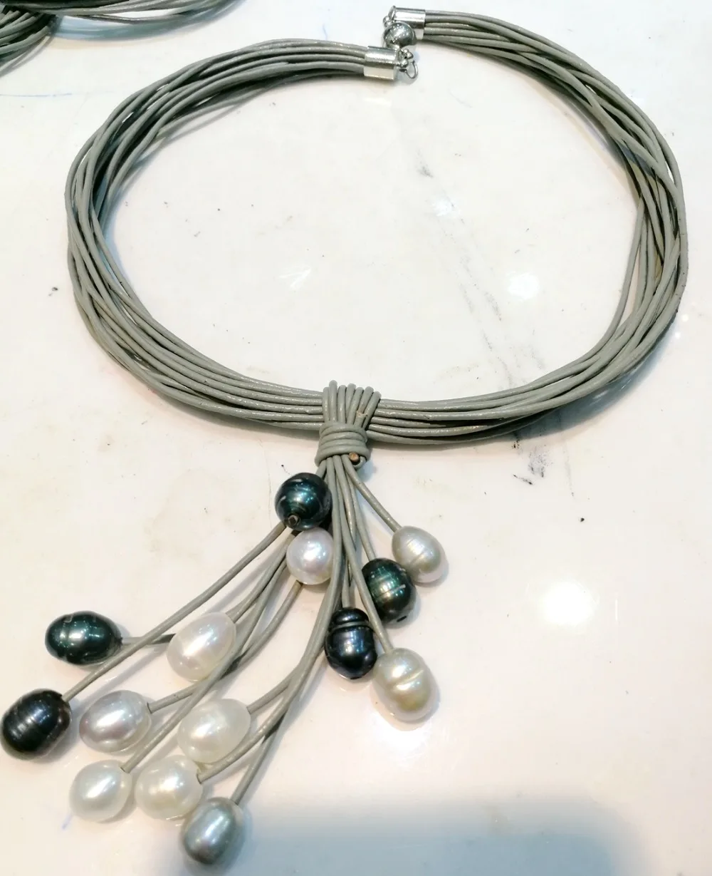 

Women Jewelry Multilayer necklace 9mm white gray black pearl pendant oval pearl handmade gray Leather rope cultivate pearl
