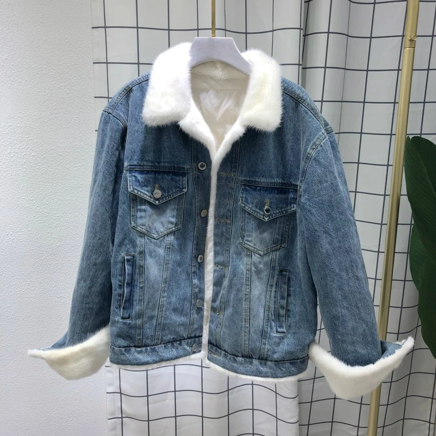 Белый OFTBUY, Брендовое пальто с натуральным мехом, зимняя куртка, женская джинсовая парка, натуральный мех норки, утиный пух, пальто, Толстая теплая уличная одежда, повседневная Роскошная - Цвет: Белый