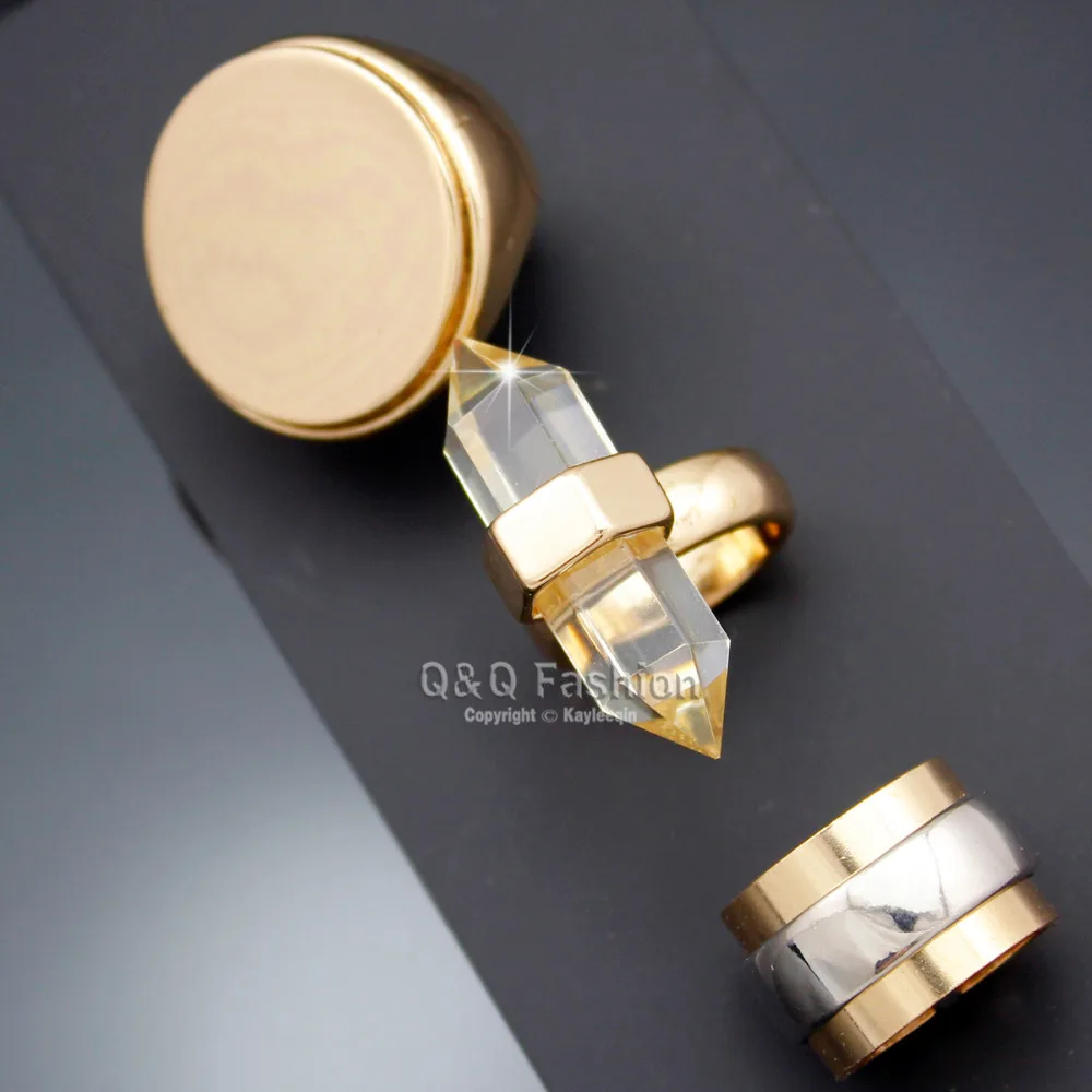 Pack of 3 Gold Clear Quartz Spike Bali Braided Stone Disc Stainless Steel Flat Stack Band Chunky Finger Ring Jewelry | Украшения и
