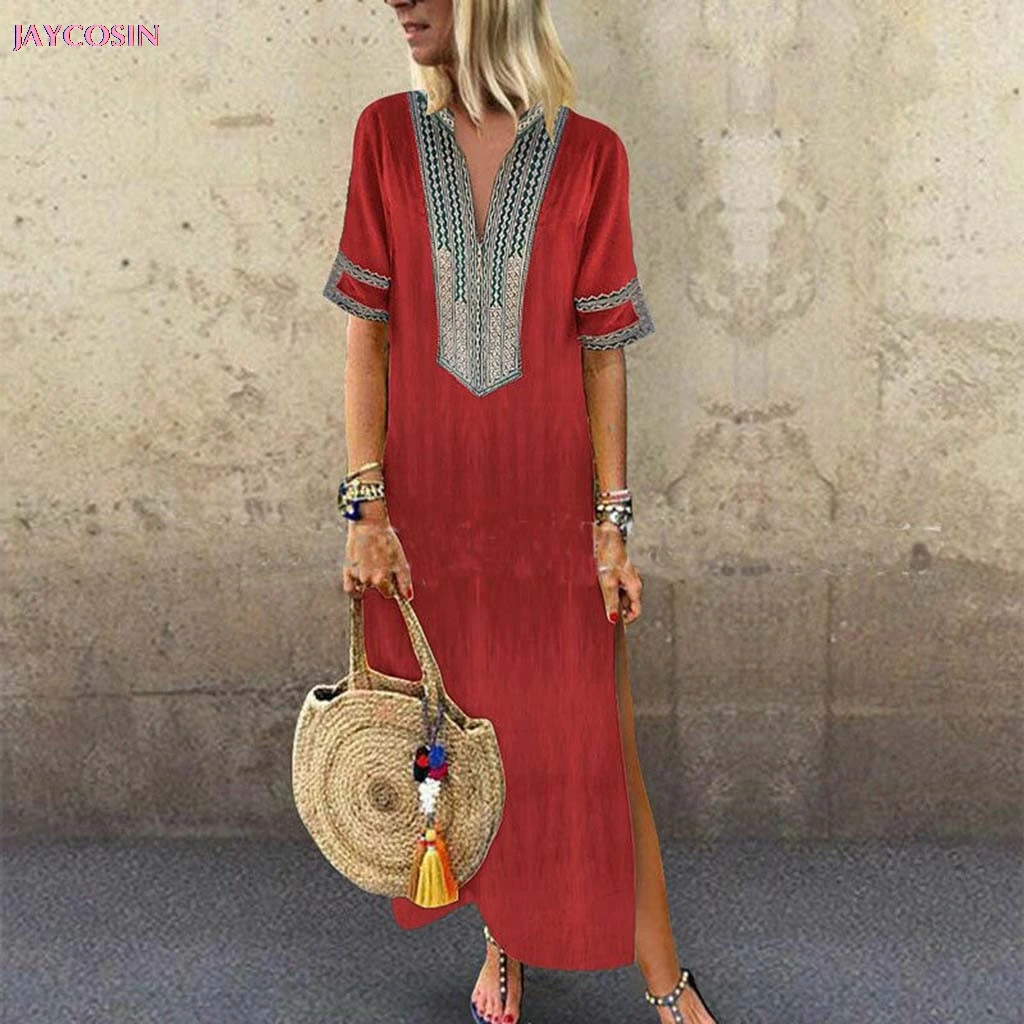 2020 Dress S- XXXXXL Size Women's Printed Long Sleeve V-neck Split Maxi Hem Baggy Kaftan Lover Gift Drop #0409 | Женская одежда