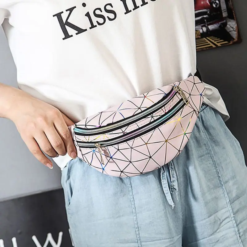 

Holographic Waist Bags WoMan Fanny Pack Female Belt Bag Geometric Packs Patchwork Chest Phone Pouch