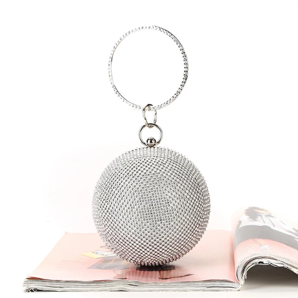 silvery Стразы, круглые вечерние сумки для женщин, ручная работа, кольцо, ручка, алмаз, вечерняя сумочка, клатч, кристалл, женские вечерние сумочки - Цвет: silvery
