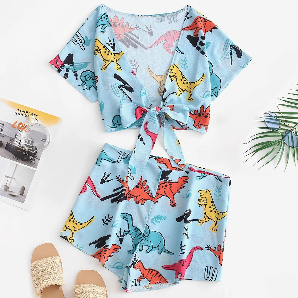 ZAFUL женские комплекты короткий топ с узелком динозавра и шорты на молнии высокой