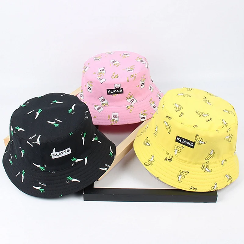 Fashion Panama Bucket Hat Men Women Double Sided Summer Bucket Cap Banana Print Yellow Hat Bob Hat Hip Hop Gorros Fisherman Hat