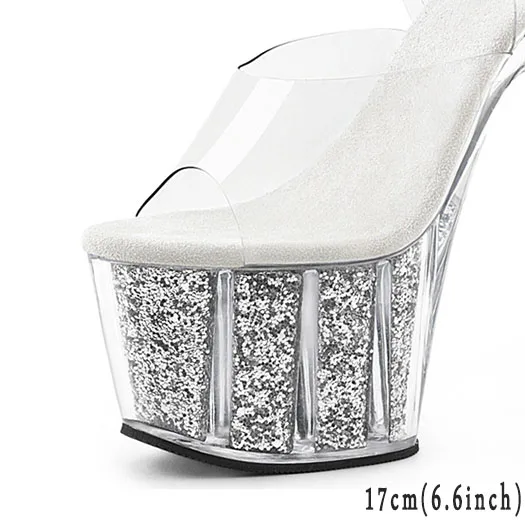 sliver 17cm Женские блестящие сандалии; свадебные туфли на шпильке; прозрачный ремешок на каблуке; туфли-лодочки из стекла с блестками; цвет синий; обувь на платформе; большие размеры 11 - Цвет: sliver 17cm