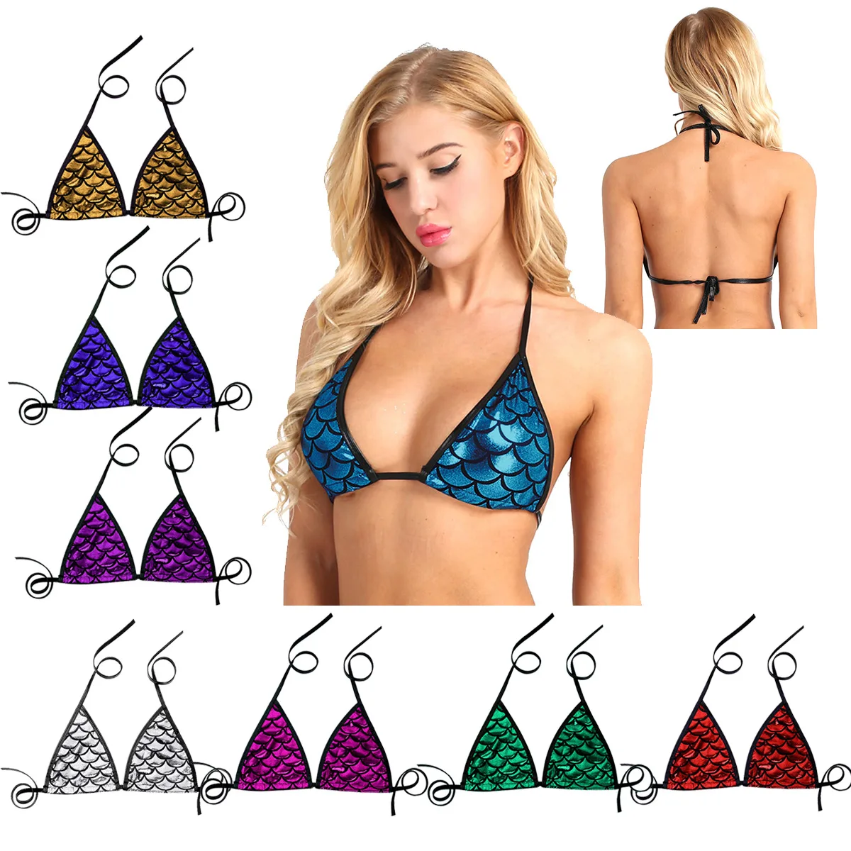 msemis women bikini bra swim metallic mermaid costume fish scale printed halter neck back tie up bikini bralett bra swimsuit top free global shipping