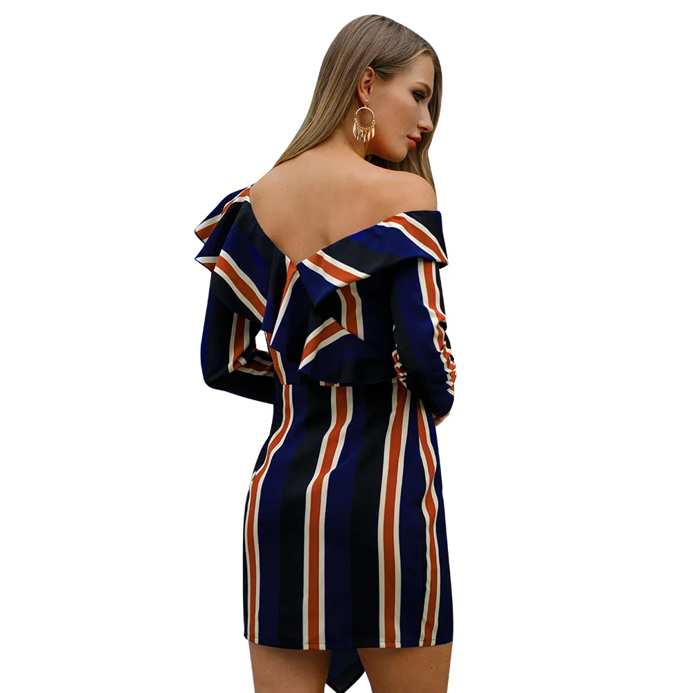 2019 New Spring Office Lady Women Dress V-Neck Long Sleeve Stripped Female Outwear Casual Slim Fit High Waist Sheath | Женская одежда