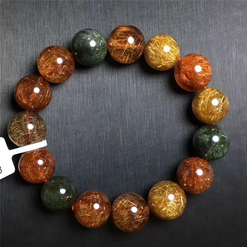 14.5mm Natural Colorful Rutilated Quartz Crystal Bracelet Women Gift Charms Round Bead Stone Cat Eye Stretch Jewelry | Украшения и