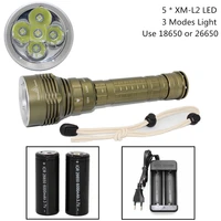 waterproof diving flashlight 5 x xm l2 led scuba torch white light lamp 18650 26650 battery usb ac charger
