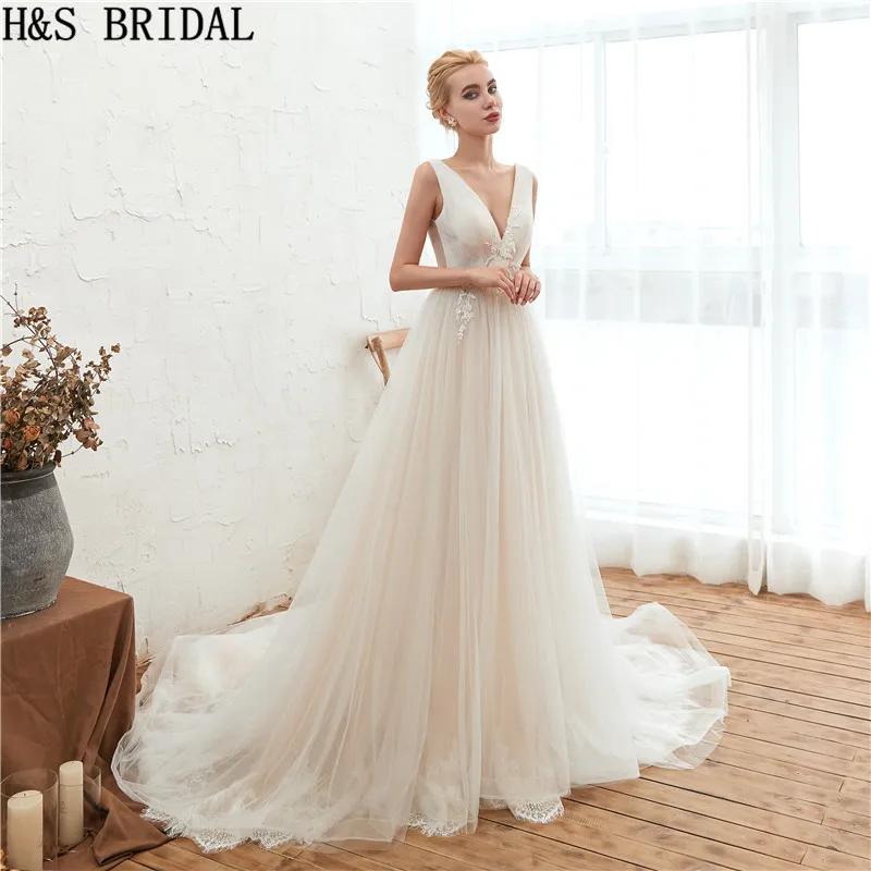 H&S BRIDAL V Neck boho wedding dress Lace Applique Wedding Gowns 2019 Beach Dress Backless Bridal vestido de noiva | Свадьбы и