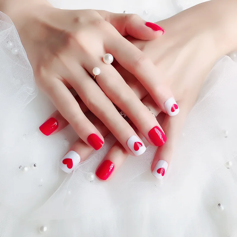 

Cute Red Heart False Nails 24pcs Round Head Full Nail Tips Tool Artificial Red Love Heart Fake Nail