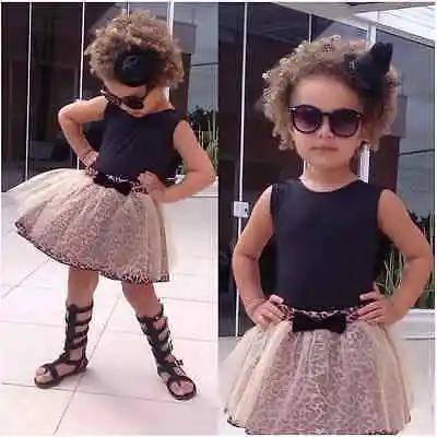 Hot Kid Baby Girl Sleeveless Round Collar Top+Lace Leopard Dress 2Pcs Suit Outfit sets | Детская одежда и обувь